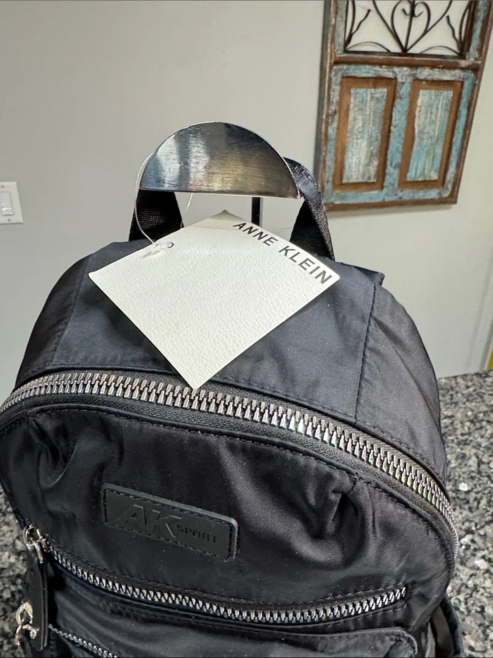 Anne Klein Black Nylon Medium Backpack with Silver Zippers NWT